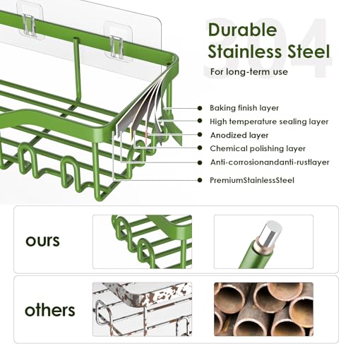 NESOMI Shower Caddy Adhesive Shower Organizer 7-Pack, Rustproof Stainless Steel Bathroom Shelves, Large Capacity No-Drill Rack Storage Accessories with Soap Dish Toothbrush Holder Hooks - color: Green, size: 7-Piece Set