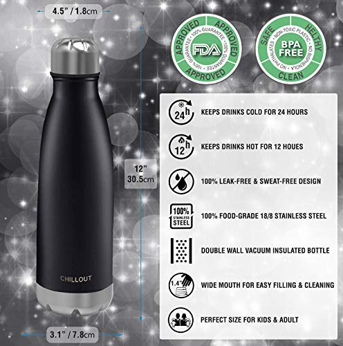 CHILLOUT LIFE 25oz Insulated Stainless Steel Water Bottle, Leak Proof - color: Matte Black
