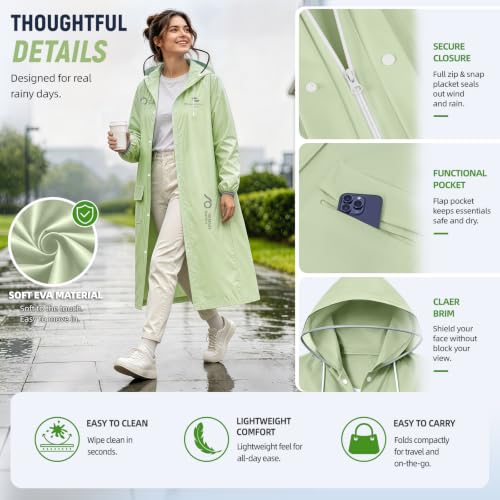 Women's EVA Raincoat, Waterproof Hooded Long Rain Poncho - color: Green, size: Large