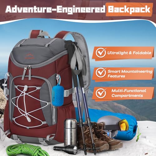 RAINSMORE Foldable Hiking Backpack for Women Men Packable Camping Backpack 40L Waterproof Hiking Daypack Bag Lightweight Collapsible Daypack for Travel Trekking Mountaineering Large Capacity Red - color: Dark Red and Grey