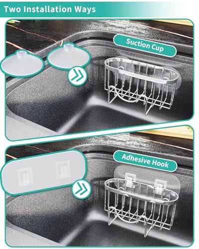 HapiRm Multifunctional Adhesive Kitchen Sink Organizer with M-Shaped, 2 Installation Methods Kitchen Sponge Holder, Rustproof Sponge Caddy for Brush, Sink Stopper and Scraper -Silver - color: Silver, size: with M-shaped Holder