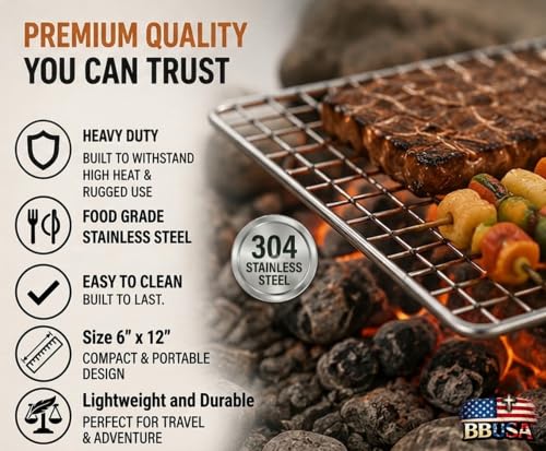 Portable Bushcraft Stainless BBQ Cooking Grill Grates & Burlap Hemp Drawstring Bag. Camping, Campfires, Backpacking, Hunting & Fishing. (Two Large Grills + Bag) - size: Two Large Grills + Bag