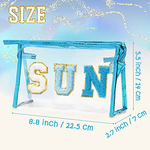Y1tvei Preppy Patch SUN Varsity Letter Cosmetic Toiletry Bag Transparent PVC Zipper Makeup Bag Clutch Purse Portable Waterproof Travel Organizer Compliant Bag for Women Girls Teens (Blue) - color: Blue SUN Blue