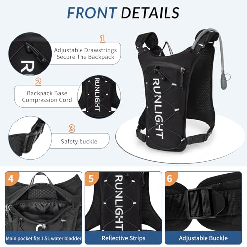 Runlight Running Vest,Lightweight Adjustable Chest Pack with Pistol Holster, Pack with 1.5L Water Bladder, Reflective Running Hydration Vest - color: Black