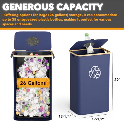 SpaceAid Recycling Bin for Kitchen 26 Gallon, 100L Recycle Bin with Lid and 2 Reusable Inner Bags, for Bottle Can Glass Plastic Stickers, Blue - color: Blue