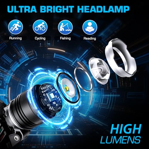 AMAKER LED Headlamp Rechargeable 99000 High Lux, Head Lamp with 12 Modes, IPX7 Waterproof USB Rechargeable Headlight, Zoomable Headlamp for Adults, 90° Adjustable for Camping Hunting
