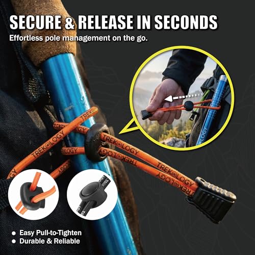 TREKOLOGY Walking Stick Holder Universal Backpack Bungee Cord & Climbing Stick Straps – Heavy-Duty Backpack Bungee Straps for Hiking Essentials, Tripods & Camping Gear – Black/Orange (4-Pack)