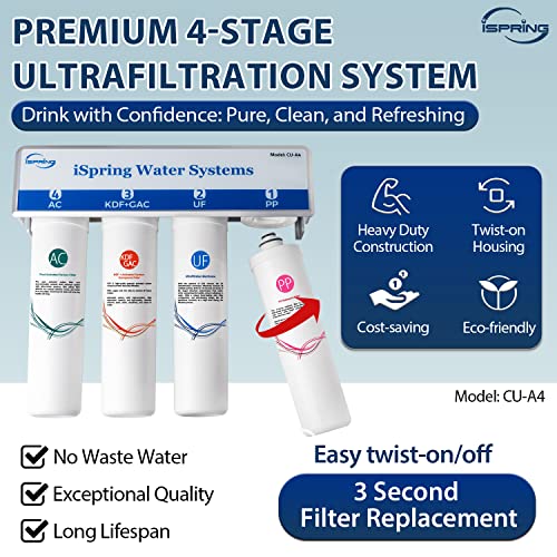 iSpring CU-A4 0.01μm Ultra-Filtration Under Sink Water Filter System, Tankless 4-Stage High Capacity, Remove 99.99% Contaminants, Quick Filter Change with Brushed Nickel Faucet, White | 0.01μm, Space-saving, Reduces 99.99% Contaminants, Quick Filter Chang