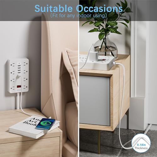 Flat Extension Cord, HUNIAN 10Ft Flat Plug Power Strip, White | 8 Widely Spaced Outlets 6 USB (1 USB C Port), Wall Mount Charging Station for Home and Office - color: White, size: 10FT
