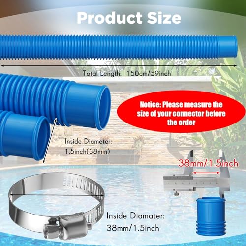Upgrade 2 Pcs 1.5'' Diameter 59'' Length Swimming Pool Filter Hose with 4 Clamps 2 pcs 1.25 to 1.5 Type B Adapter 2 Replacement Hose Adapter W/collar for Pumps Above Ground Pools(Blue) - color: Blue