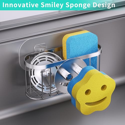 HapiRm Sink Caddy Sponge Holder - 2 Installation Ways Kitchen Sink Organizer with Smiley Face Sponge Holder, Stainless Steel Kitchen Caddy - Silver - color: Silver, size: with Smiley Sponge Holder (Large)