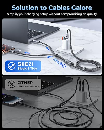 SHEZI Upgraded 6 in 1 Multi Charging Cable, 100W USB C to Lightning Cable [1G File Done in 20s] Fast Charging for iPhone/iPad, Flat Braided Multiple Charger Cord Combo L/Type C/USB A-5FT - style: Upgraded 6-in-1