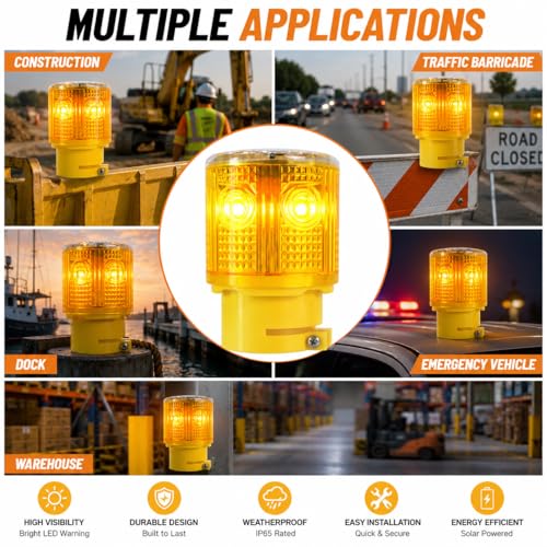 Solar Strobe Warning Light, Bright LED Safety Beacon, Auto On/Off Solar Flashing Light, IP65 Waterproof Emergency Warning Lamp for Construction, Dock, Factory, Traffic, Marine & Road Safety (Yellow) - color: Yellow