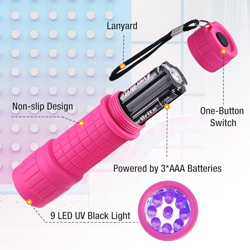 EverBrite Black Light Flashlight 3-Pack, 395nm for Currency Inspection | 9 AAA Batteries Included, 9 LEDs Blacklights Supports Nail Curing, Neon Glow Art, Reveal Fluorescent Agents - style: E007125 UV Light (3-Pack)