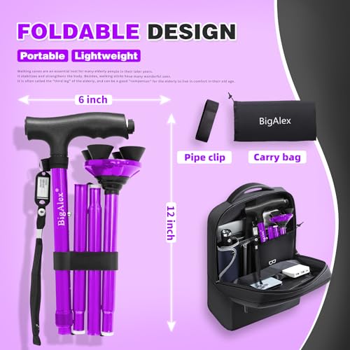 BigAlex Folding Walking Cane with LED Light,Pivoting Quad Base,Adjustable Walking Stick with Carrying Bag for Men/Women - color: Purple(4'9"-5'6")
