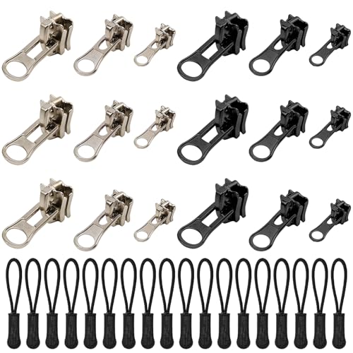 36 PCS Universal Zipper Repair Kit - 3 Size Double-Sided Zipper Sliders with Zippers Pull, Black & Silver Zippers Fix Repair Replacement Kit for Backpack, Jackets, Coats, Tents, Luggage, Bags