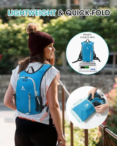 Foldable Small Hiking Backpack with 3 Strap Pockets – Lightweight 300D Spill-proof Daypack for Men Women – Packable Small Travel Backpack with Chest Strap & Trekking Pole Holder – Durable Outdoor Bag - color: Bluegreen-
