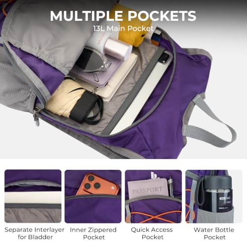 14L Small Hiking Backpack, Packable Travel Daypack for Men Women | Lightweight, Quick-Access Phone Pocket, Breathable, Water Resistant, Adjustable Straps, Emergency Whistle, Commuting Cycling - color: Purple