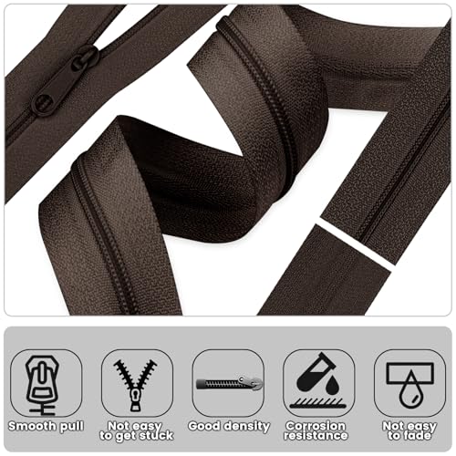 DOITEM 12 Yards Nylon Coil Zipper by The Yards, #3 Bulk Zippers for DIY Sewing Craft Bags with Replacement 25PCS Sliders (Brown, #3) - color: Brown, size: #3