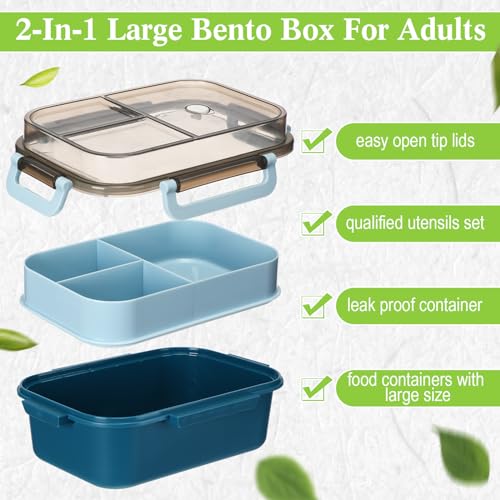 Hushee 3 Pack 42 oz Bento Lunch Box 2 Layers 3 Compartments Bento Plastic Box for Adults, Microwave Dishwasher and Freezer Safe Lunch Snack Containers and Cutlery for Travel, Back to School, Office