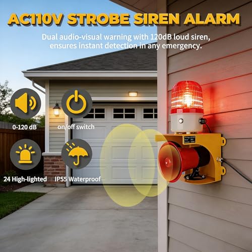 AC110V Industrial Siren Alarm Strobe Light-120dB Loud Horn&Waterproof Red Beacon Warning Light for Emergency,Factory,Fires,Tornado,Intruder Deterrent (with Switch&Volume – Adjustable 0–120dB) - style: With Switch & Volume – Adjustable 0–120dB