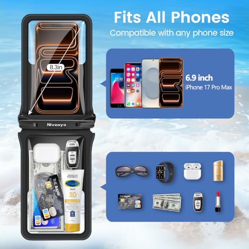 Niveaya Double Space Waterproof Phone Pouch - 2 Pack, Waterproof Phone Lanyard Case with iPhone 17/16/15/14/13 Pro Max up to 8.3", Phone Dry Bags for Vacation Beach Pool Kayak Cruise Travel Essentials - color: Black + Pink, size: Medium 8.3"