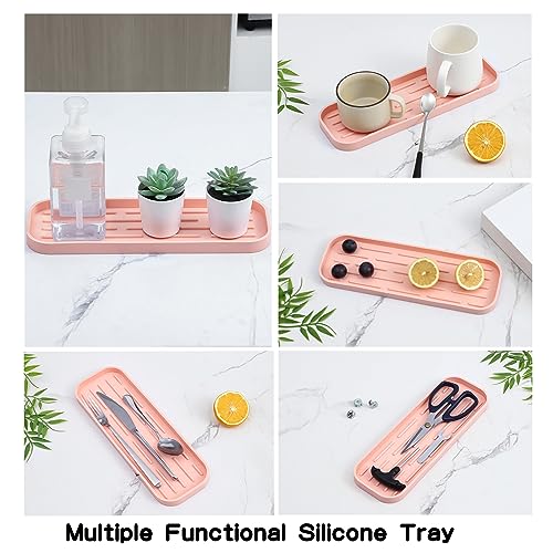 MicoYang Silicone Kitchen Sink Organizer Tray for Multiple Usage,Easy Clean,Eco-Friendly Sponges Holder for Kitchen Bathroom Counter or Sink,Dish Soap Dispenser,Scrubber,Bottle,Cup Pink 12" x 4” - color: Pink, size: 12" x 4" x 0.7"