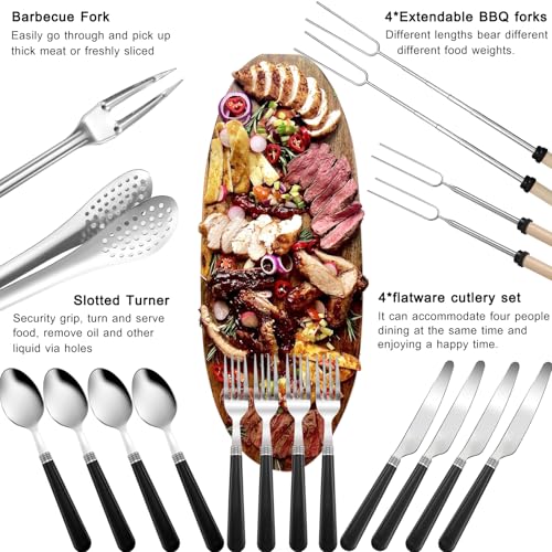 Camping Cooking Utensils Set - Camping Utensil Set Car Camping Cooking Essentials Gear for Camp Kitchen Cooking and Grilling, Stainless Steel & Silicone Ideal Gift for RV Tent Camper - color: Black-31Pcs