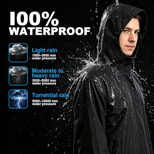 QJWBZ Men's Rain Jacket Long Raincoat: Waterproof Lightweight Hood Rain Poncho Stowable for Cycling Hiking Camping Outdoors - size: Large