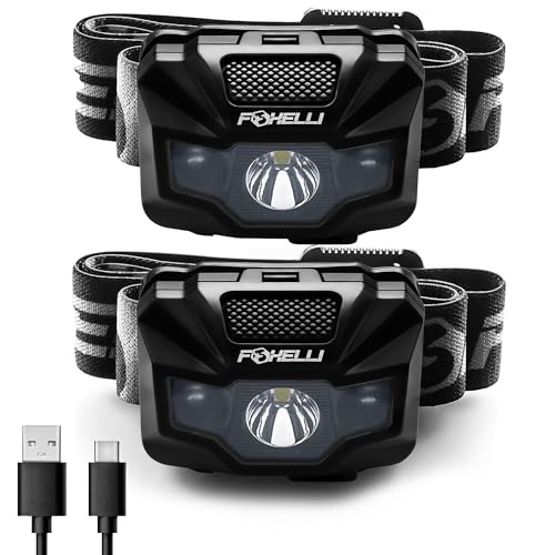 Foxelli USB‑C Rechargeable LED Headlamp – Ultra‑Light 2.4 oz & Bright 180 Lumens – Red/White Light, 5 Modes, IPX5 Waterproof, 40 h Runtime for Trail Running, Camping, Hiking - color: 2-Pack Black