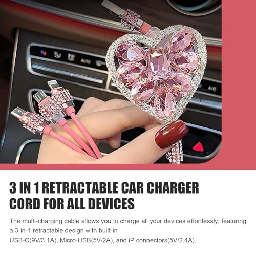 Multi Charging Cable, 3 in 1 Multi Charger Cable with Type-C/Lightning/Micro USB Connectors, Rhinestone Retractable Car Charger Cord, Universal for Most Phones, Tablets (Pink) - color: Pink