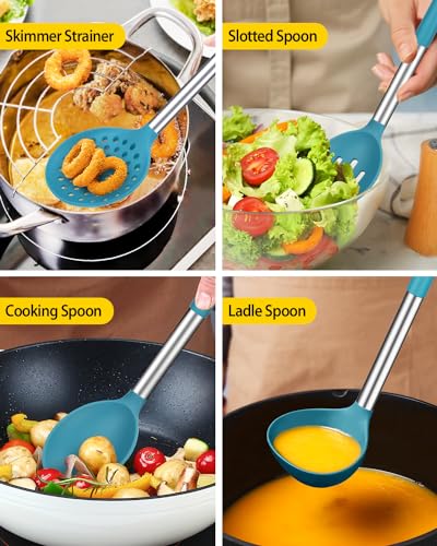Silicone Cooking Utensils Set, 8 Pcs Kitchen Utensils with Holder, Blue | BPA Free and Heat Resistant, Kitchen Tools for Non Stick Cookware include Spatulas, Turners, Spoons, Skimmer and Pasta Fork - color: Blue