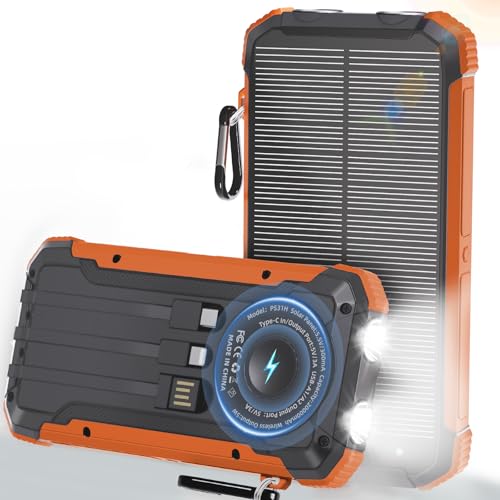 Solar Charger Power Bank 20000mAh, Wireless Fast Charging Battery Pack with 3 Built-in Cables & USB-C Input, Dual LED Flashlights, Portable Phone Charger for Camping, Travel & Emergency Use - color: Orange