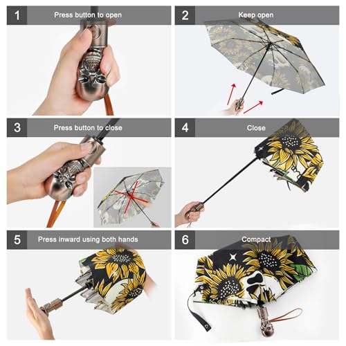 Skull Handle Windproof Travel Umbrella Compact Portable, Auto Open Close | Luxury Gothic Skull Grip with One-Touch Automatic Open, Wind Resistant and Sturdy for Rain, Lightweight to Carry Daily - color: 02.Sunflower