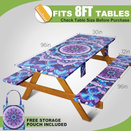 Wrakus Picnic Table Cover with Bench Covers Vinyl Elastic Edges Fitted Rectangle Tables Seat Waterproof 3-Piece 96X30in Set Outdoor Rectangular Folding Backing Tablecloth Camping Over Size Mandala - color: Purple Mandala, size: 96in