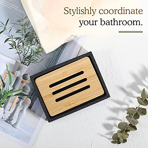 Luxspire Square Soap Dish, Bamboo Resin Drainage Holder, Black - color: Black