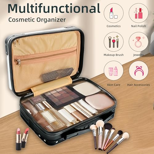 14inch Hard Shell Cosmetic Organizer Travel Train Hand Luggage Small Portable Carrying Suitcase Makeup Case Bag for Women Toiletry - color: BLACK/WHITE