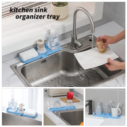 MicoYang Silicone Soap Dish with Drain Spout — Self-Draining Double Sink Organizer Tray for Kitchen & Bath, Dispensers, Sponges & Soap Holder, Non-Slip & Dishwasher Safe, Light Blue (Large, 12"×4") - color: Light Blue, size: L(12"×4")