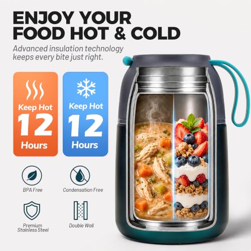 Insulated Thermo Food Jar for Hot & Cold Food for Kids Adult, 17 oz Soup Thermal Hot Food Containers for Lunch, Triple Layer Insulation Stainless Steel Food Jar with Spoon (Green) - color: Green