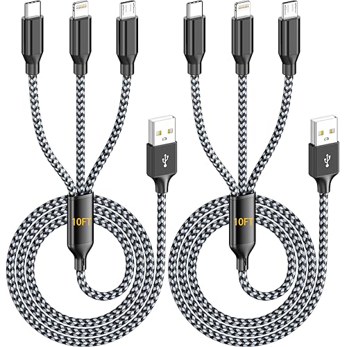 Multi Charging Cable 10FT 2Pack 3 in 1 Long Apple MFi Certified Cord | Fast Charger Cord with Lightning USB-C Micro,Nylon Braided Universal Phone Charger for iPhone17-5 iPad Android Devices Travel - color: Grey/Black-10ft-2Pack