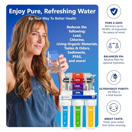 Express Water ROALKUV10MBN, 11-Stage RO Water Filter System, Alkaline & UV | 100 GPD, NSF Certified 372 & 58, Brushed Nickel Faucet, Removes Up to 99.99% Contaminants, Leak Stop Detector - color: Brushed Nickel, style: 11 Stage, Alkaline + UV
