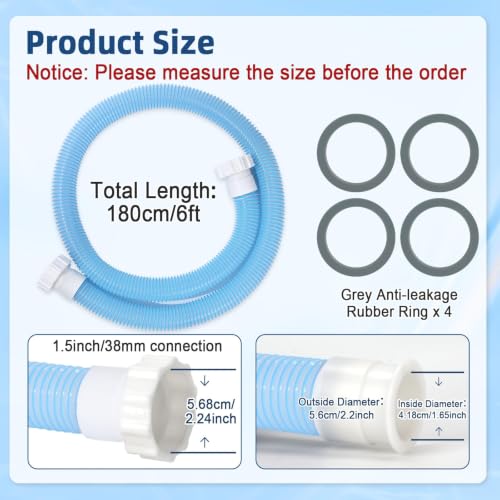 2 Pack 1 1/2 Pool Hose for Above Ground Pool 6ft Pump Replacement Hoses 1.5" EVA Heavy Duty Swimming Pools Hose for Above Ground, Filter Pumps, Saltwater Systems and Sand Filters (Transparent Blue) - color: Transparent Blue