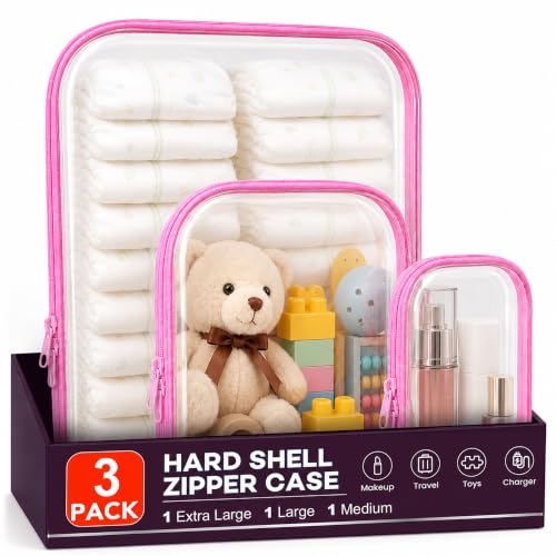 3 Pack Clear Hard Shell Zipper Case (1XL + 1L + 1M, Pink) | Travel Toiletry Bag, Waterproof 1.2mm PET Hard Plastic Pouches, Organizer Box for Makeup, Toy, Snack, Stationery, Diaper - color: Pink(XL+L+M)