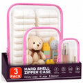3 Pack Clear Hard Shell Zipper Case (1XL + 1L + 1M, Pink) | Travel Toiletry Bag, Waterproof 1.2mm PET Hard Plastic Pouches, Organizer Box for Makeup, Toy, Snack, Stationery, Diaper - color: Pink(XL+L+M)