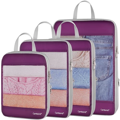 Cambond See Through Mesh Compression Packing Cubes - 4 Piece Expandable Space Saving Packing Cubes for Travel, Lightweight Travel Bags Luggage Packing Organizer Essentials for Suitcases, Purple | Keep Clothes Sorted, See Through Mesh helps quickly find wh