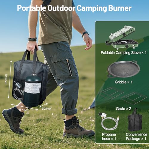 Portable Camping stove, 2 Burner Foldable Camping Stove with Griddle and Carrying Bag & Hose, 8600BTU Portable Propane Camp Stove with Ignition & 2 Adjustable Burners,for Camping Tailgating BBQ Grill - color: Green