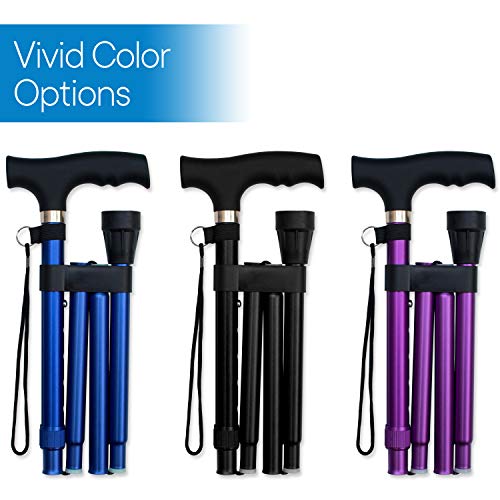 RMS Folding Cane, Adjustable, Lightweight Offset Walking Cane | Aluminum Collapsible Walking Stick with Ergonomic Derby Handle, cane folds for travel and storage - color: Blue