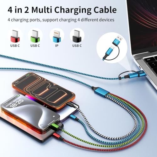 Cruise Essentials 4 in 2 Multi Charging Cable, USBA/ C Phone Charger Cord | Three C Port Charging Cords for Multiple Devices,USB C Charger Cord for iPhone 17-11/Galaxy/Tablets/PS Home,Office,2Pack 5FT - color: Red&Blue&White&Green