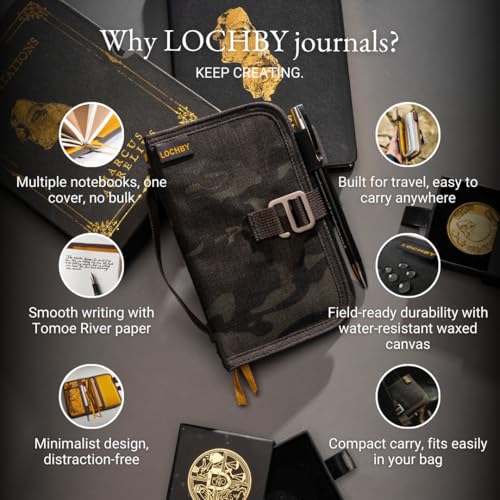 LOCHBY® Mini Field Journal | Water Resistant Waxed Canvas | Pen Loop | Included Tomoe River Notebook | Perfect for Travel, Art, Bullet Journal - color: Black Multicam, size: Pocket-size Hook