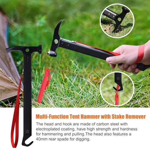 Eurmax USA Hiking Camping Tent Stakes and Hammer Set Lightweight Multi-Function Tent Hammer with Tent Stake Remover,Tent Pegs for Camping, Hiking, Backpacking, Gardening(Red Stakes) - color: red, style: Stakes&Hammer